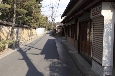 Japonya 'nın Nara kentindeki Yakushiji Tapınağı önündeki sokak manzarası