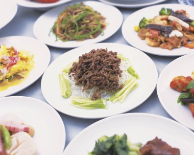 Etin etrafını saran çeşitli Asya yemekleri.