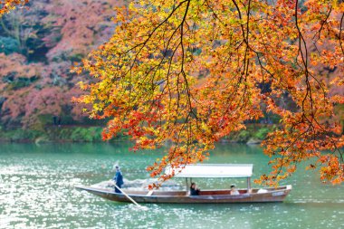 Nehirde parlak ağaçlar ve kayıkla sonbahar manzarası 