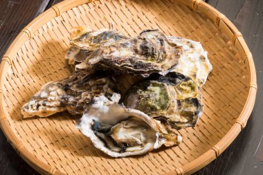 Hasır tabakta taze istiridye.