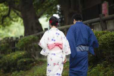 Genç Asyalı çift parkta geleneksel Japon kimonosu giyiyor. 