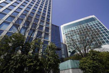 Yeşil ağaçlar ve modern şehir mimarisi, Tokyo, Japonya. Gökdelenler mavi gökyüzüne karşı güneşli bir günde 