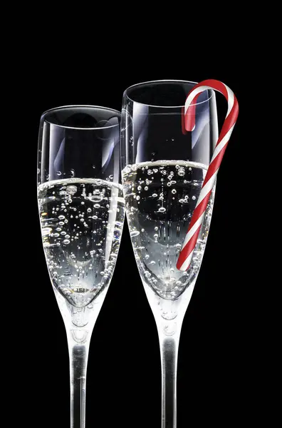 Glasses Champagne Candy Cane Black Background — Stock Photo, Image