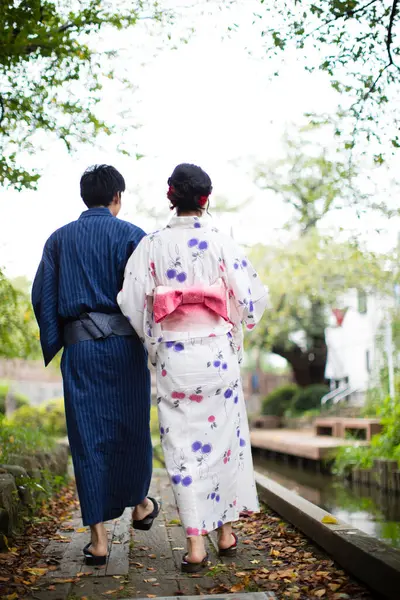 back view of young Japanese couple wearing traditional kimono in summer park
