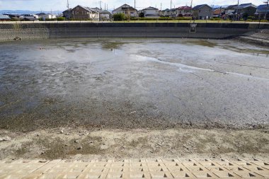 Kavrulmuş Yatak: Bir banliyö siluetine karşı insan yapımı bir havuzda kuraklık veya drenaj kanıtı