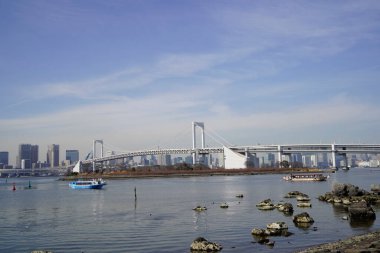 Modern şehir mimarisi, Tokyo, Japonya. Gökyüzü, köprü ve nehir güneşli bir günde 