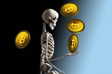 İskelet ve bitcoin, kripto para kavramı.