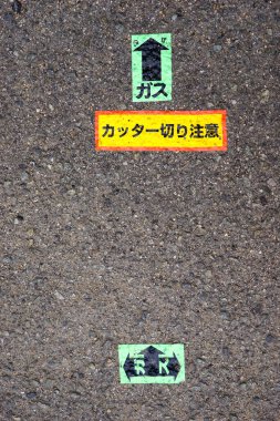 Koyu Asfalt Asfalt Asfalt Asfalt Asfalta Yeşil ve Sarı Boyalı Japon Uyarı Şablonları Genel Görünümü