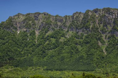 Arkasında açık mavi gökyüzü olan büyük doğal manzaranın sıradağları.