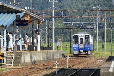 Japonya. Tren ve yolcularla dolu tren istasyonu.  