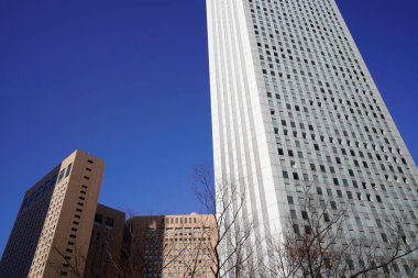 Modern şehir mimarisi, Tokyo, Japonya. Gökdelenler mavi gökyüzüne karşı güneşli bir günde 