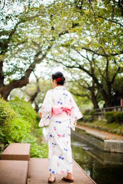 Geleneksel kimono kostümlü Japon genç kadın.