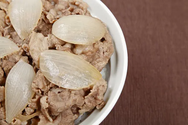 Zavřít Pohled Rýži Vepřové Maso Cibuli Talíři Japonská Kuchyně — Stock fotografie