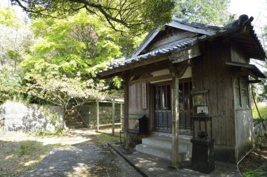Geleneksel Japon tapınağı ve yeşil ağaçlar, Japonya.