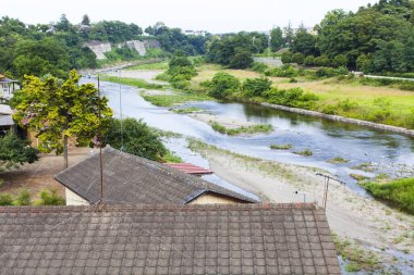 Köyde yeşil ağaçları olan bir nehir.