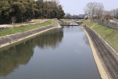 Sakin nehir gökyüzünü yansıtıyor çimenli setlerle çevrili ağaçlar eskrim yolu