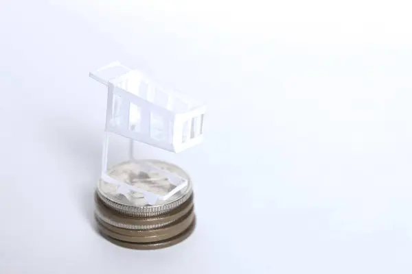 Conceptul Finanțe Bani Mini Coș Cumpărături Monede — Fotografie, imagine de stoc