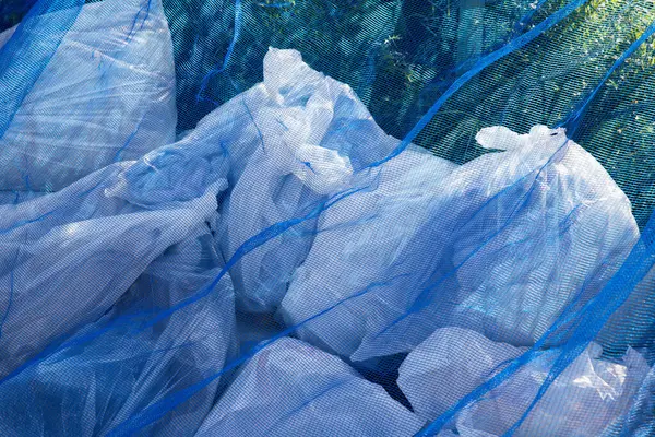Blue Plastic Garbage Bags Garden — Stock Photo, Image