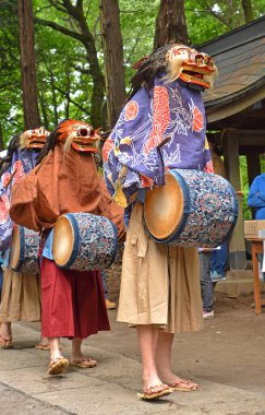 Dans eden insanların parlak kostümler giydiği bir Japon festivali. Nanbu Ryotsuji Aslan Dansı. Japonya 'da Saitama Şehri Tarım Festivali