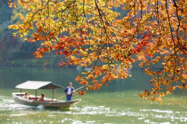 Nehirde renkli ağaçlar ve kayıkla sonbahar manzarası 