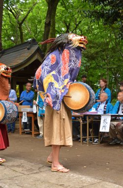 Dans eden insanların parlak kostümler giydiği bir Japon festivali. Nanbu Ryotsuji Aslan Dansı. Japonya 'da Saitama Şehri Tarım Festivali