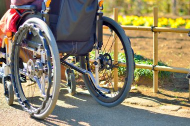 Parkta tekerlekli sandalyedeki engelli adamın kesilmiş fotoğrafı. 