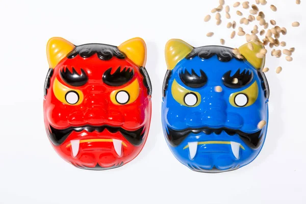 Traditionella Japanska Röda Och Blå Katt Masker — Stockfoto