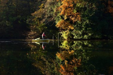Parktaki gölün güzel sonbahar manzarası ve teknedeki adam.