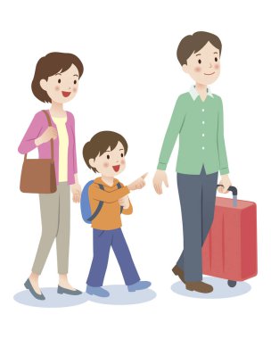 Gülümseyen aile bavullarını taşırken