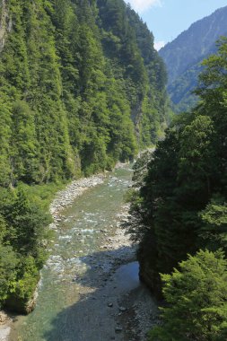 Dağ vadisinde güneşi yansıtan hızlı nehir.