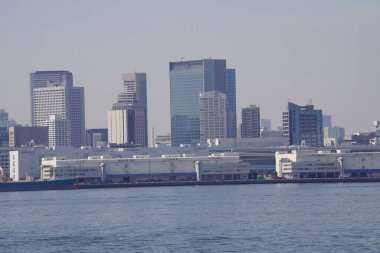 Modern şehir mimarisi, Tokyo, Japonya. Güneşli bir günde gökyüzü ve nehir 