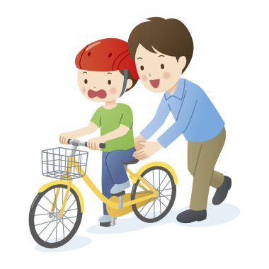 Çizgi filmdeki baba rolünün şirin bir çizimi. Oğlu bisiklete biniyor.