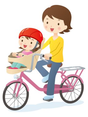 Çizgi filmdeki şirin resimli mutlu aile bisikleti üzerinde