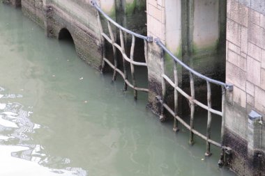 Sakin yeşil su yüzeyinin yanında eskimiş ahşap çitler.