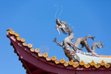Tapınağın çatısında ejderha heykeli, Konfüçyüs Tapınağı 'nın kapısında Kirin, Nagasaki, Japonya
