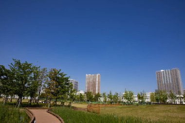 Güneşli bir günde modern şehrin mimarisi