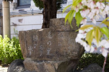 Japon yazıları kazınmış haiku anıtı taşı.