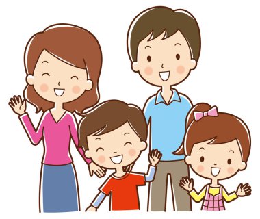 Gülen çizgi film ailesi dışarıda mutlu bir şekilde el sallıyor.