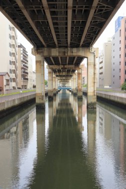 Japon şehrinde köprünün altından akan nehir.