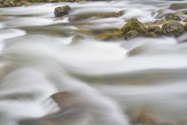 Sis ile parıldayan dağ nehrinin uzun pozu