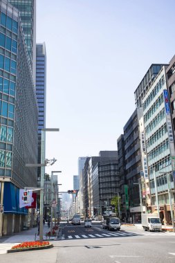 Güneşli bir günde şehrin gökdelenlerinin manzarası. Modern şehir mimarisi