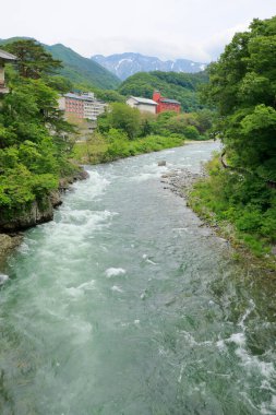 Japonya 'daki nehir dağlarda doğa arka planında.