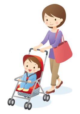 Bebek arabasında bebekle çizilmiş güzel bir anne resmi. 