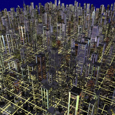 Mavi arka planda yüksek gökdelenleri olan şehrin 3D illüstrasyonu 