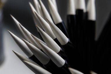 Yeni profesyonel boya fırçaları, çizimler ve sanat konseptine yakın çekim    