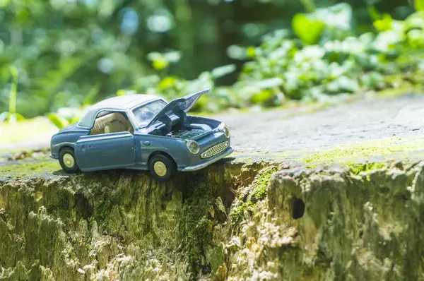 Yaz Ormanında Mavi Oyuncak Araba Modeli — Stok fotoğraf