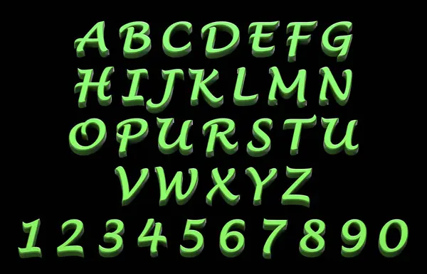 Alfabeto Verde Letras Números Sobre Fundo Preto — Fotografia de Stock