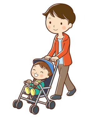 Gülümseyen kadın mutlu çocuk arabasını dışarı itiyor.