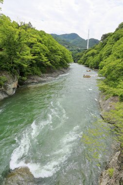 Japonya 'daki nehir dağlarda doğa arka planında.