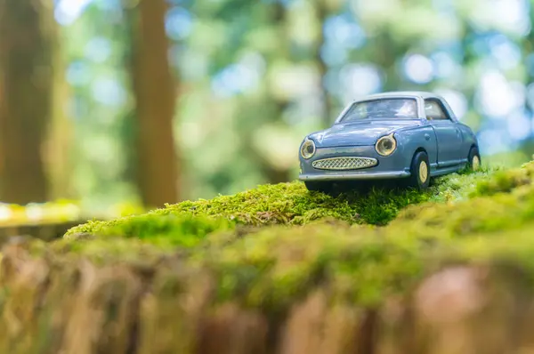 Ormanda Yeşil Yosun Üzerinde Mavi Araba Modeli — Stok fotoğraf